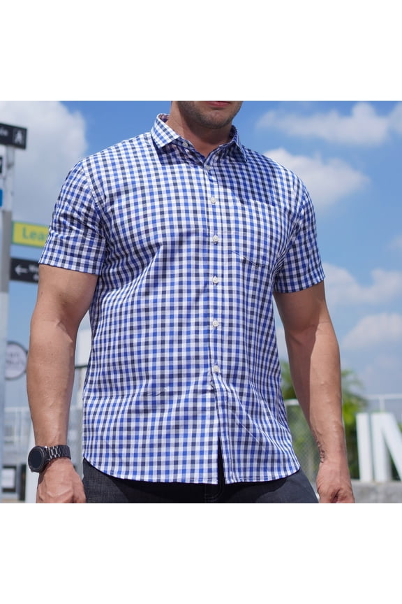 Mens Big & Tall Pocket Button Down Camp Collar Plaid Short Sleeve Big And Tall Casual Shirt Top Blue XXXXL Gifts for Father