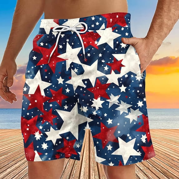 Ceisia Mens Big & Tall Red White Blue Star Print Beach Shorts Drawstring Waist Quick Dry Swim Trunks For Summer Holiday XXXL Blue Gifts for Father