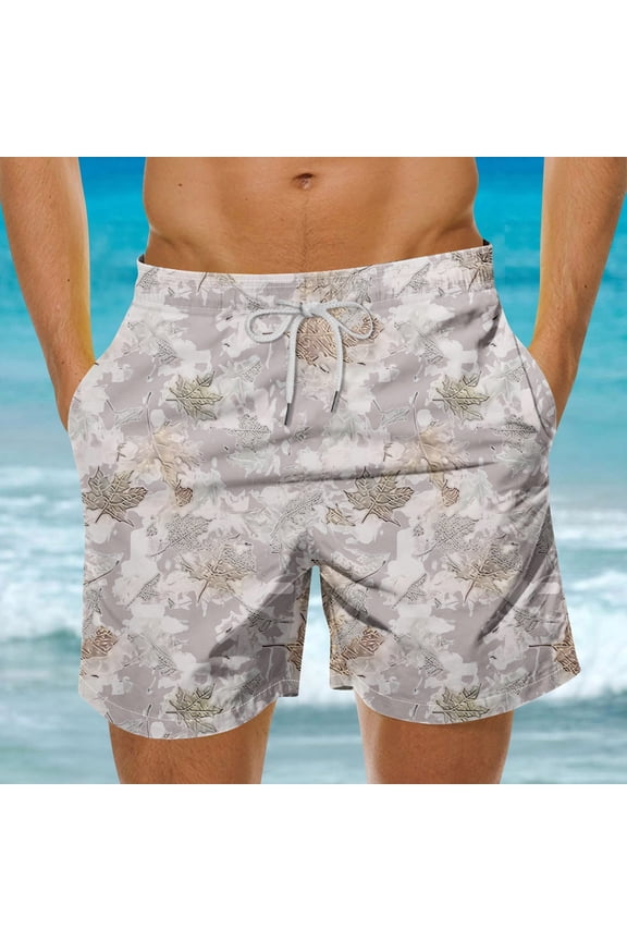 Mens Camo Maple Leaf Print Quick Dry Swim Trunks Elastic Waist Drawstring Beach Shorts for Men Gray S Gifts for Father