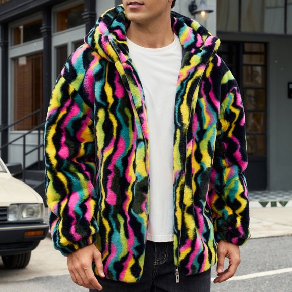 Ceisia Mens Fashion Wave Print Faux Fur Zip Up Hooded Warm Winter Overcoat Jacket Camouflage XXXL Gift