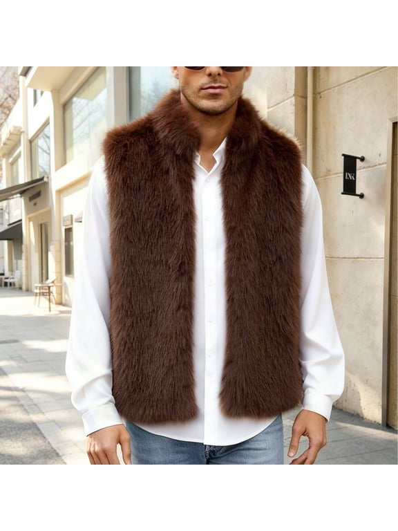 Mens Faux Fur Sleeveless Vest Open Front Warm Thick Furry Waistcoat Winter Party Street Casual Outerwear Gilet For Men Brown S Gift