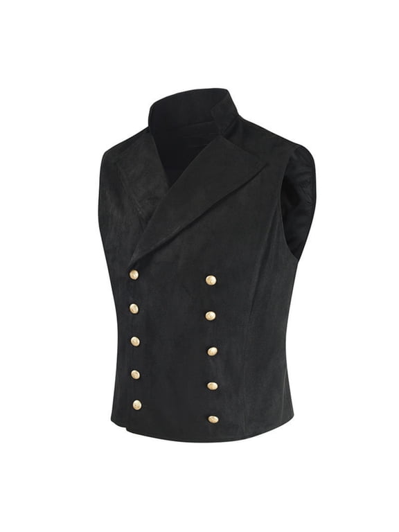 Mens Faux Suede Double Breasted Metal Button Stand Collar Waistcoat Light Fleece Lined Business Outdoor Sleeveless Layering Vest (Black XL) Father's Day Gift
