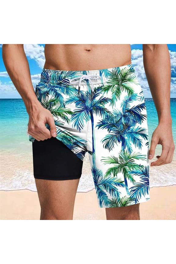 Mens Hawaiian Print Beach Shorts Elastic Waist Drawstring Side Pockets Lined Quick Dry Swim Trunks Vacation Surf Bottoms Mint Green XXL Gifts for Father