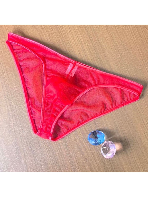 Mens Ice Silk Briefs Low Waist Smooth Fabric Sheer See Through Sexy Underwear 94%Polyamide,6%Spandex L Red Halloween Gift