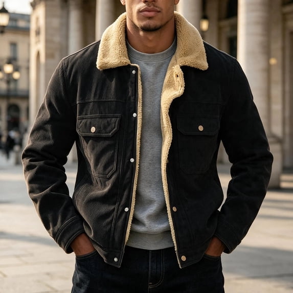 Ceisia Mens Lapel Corduroy Sherpa Lined Button Front Warm Winter Jacket Coat Black XXL Gift