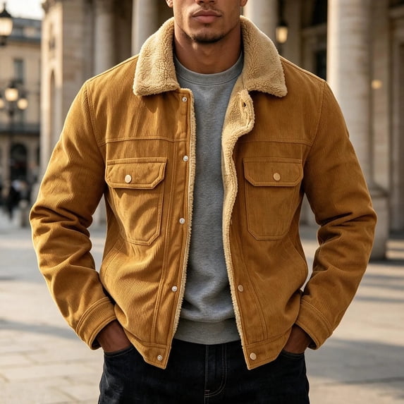 Ceisia Mens Lapel Corduroy Sherpa Lined Button Front Warm Winter Jacket Coat Yellow XXXXL Gift