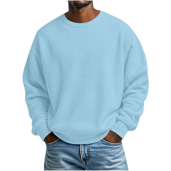 Ceisia Mens Long Sleeve Pullover Loose Sweater Waffle Knit Round Neck Lounge Loose Type Light Blue XXL Gift