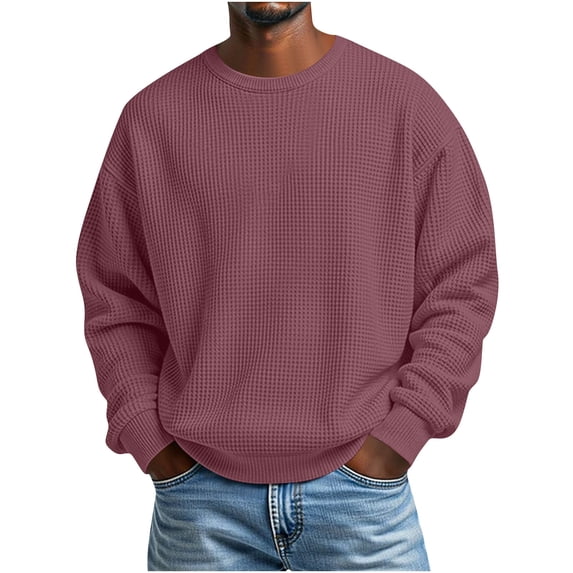 Ceisia Mens Long Sleeve Pullover Loose Sweater Waffle Knit Round Neck Lounge Loose Type Red XXL Gift