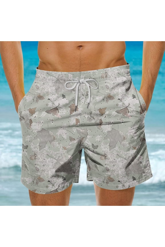 Mens Maple Leaf Print Quick Dry Swim Trunks Elastic Waist Drawstring Beach Shorts for Men Green M Gifts for Father