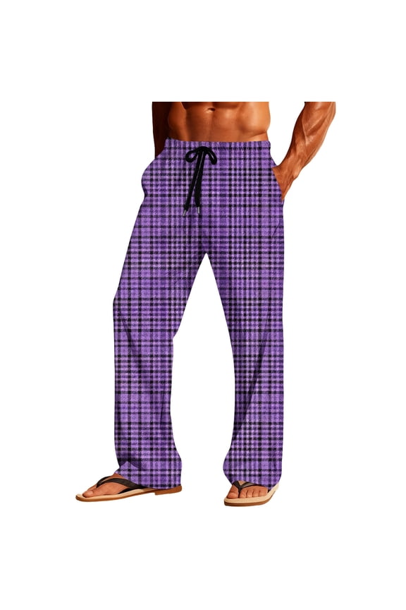 Mens Plaid Pajamas Pants Elastic Waist With Pockets Sleep Soft Lounge Sleep Bottoms Purple S Gift