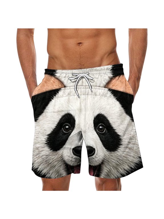 Mens Printed Elastic Waist Drawstring Casual Beach Shorts With Pockets Black XXXXL Gift