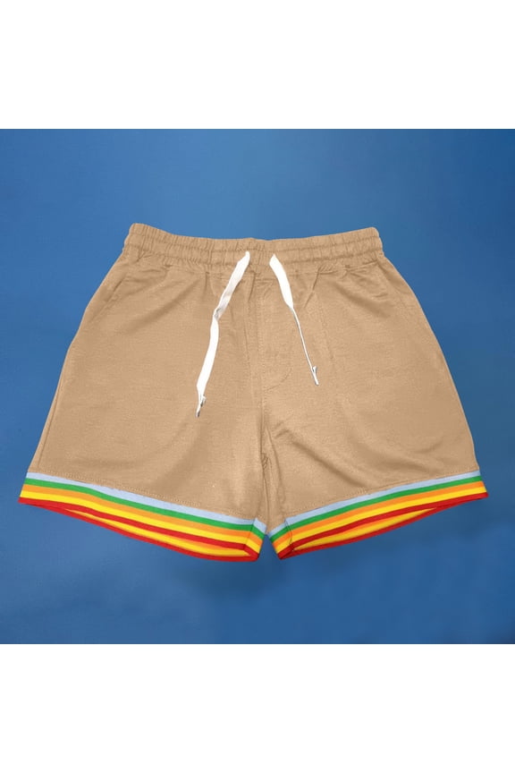 Mens Rainbow Trim Drawstring Casual Shorts Elastic Waist Loose Fit Summer Beach Shorts for Men Khaki S Gifts for Father