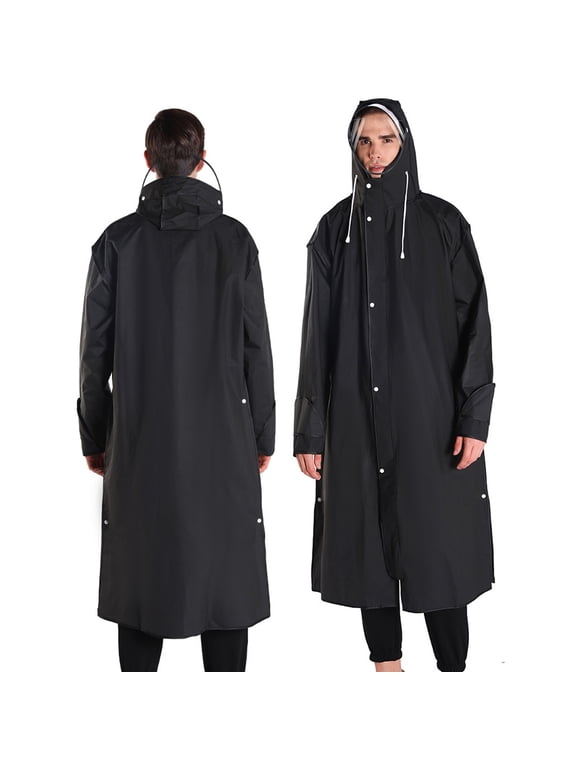 Mens Raincoat Long Hooded Rain Coat With Detachable Clear Face Visor Side Pocket Waterproof Wind Resistant Daily Rain Outerwear Black XL Halloween Gift