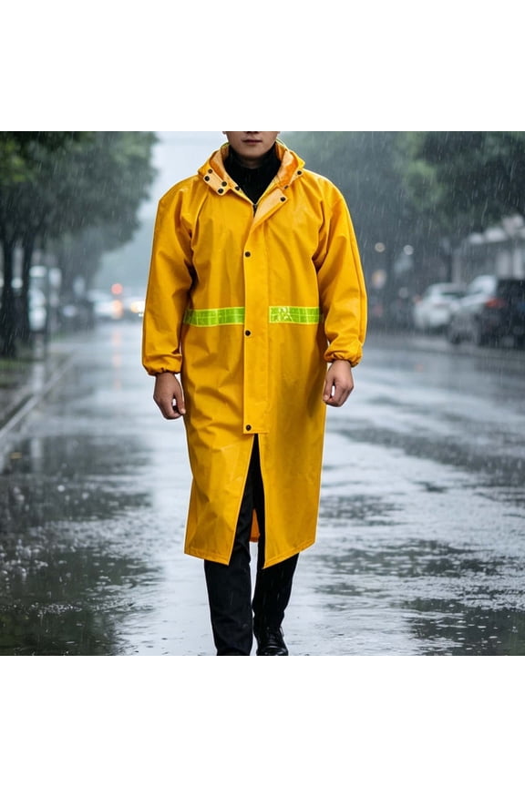 Mens Raincoat Long Hooded Zip Snap Button Waterproof Rain Cape With Reflective Strip For Outdoor Work Commute Yellow XXL Halloween Gift