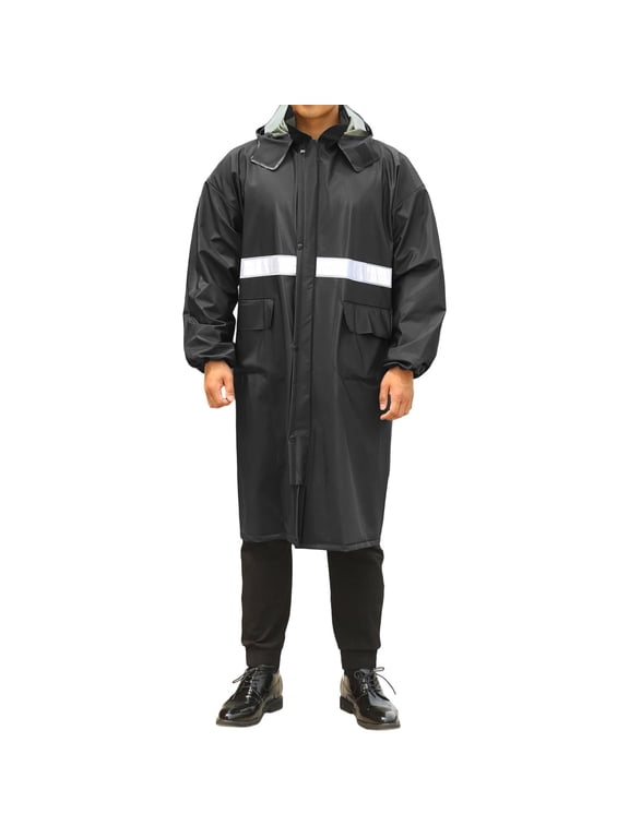 Mens Raincoat Reflective Strip Heavy PVC Long Rain Coat Waterproof Wind Resistant Long Sleeve Work Construction Rainwear Black XXL Halloween Gift