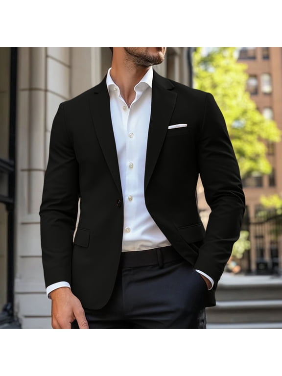 Mens Single One Button Notch Lapel Solid Blazer Jacket Side Pocket Business Formal Suit Coat (Black S) Father's Day Gift