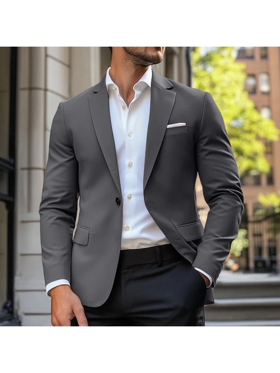 Mens Single One Button Notch Lapel Solid Blazer Jacket Side Pocket Business Formal Suit Coat (Gray XXS) Father's Day Gift