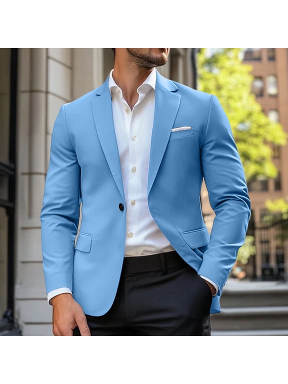 Mens Single One Button Notch Lapel Solid Blazer Jacket Side Pocket Business Formal Suit Coat (Sky Blue L) Father's Day Gift