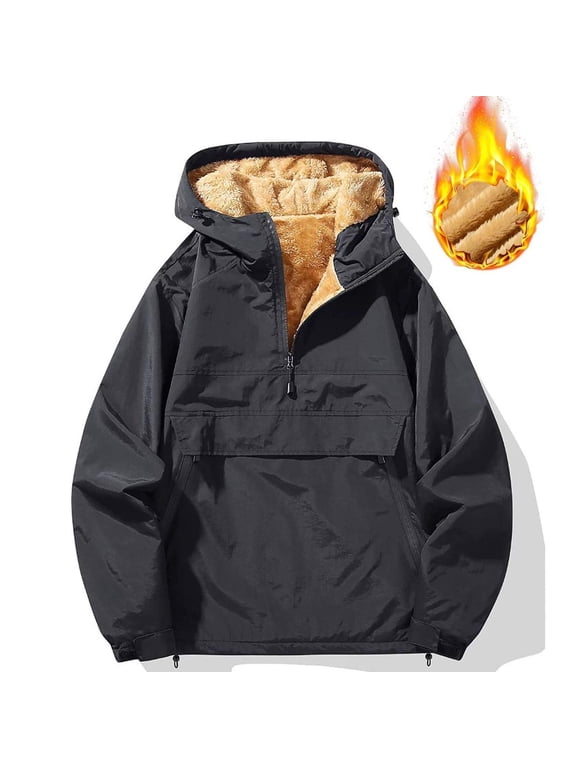 Mens Solid Fleece Lined Pullover Anorak Hooded Windbreaker Jacket Black S Gift