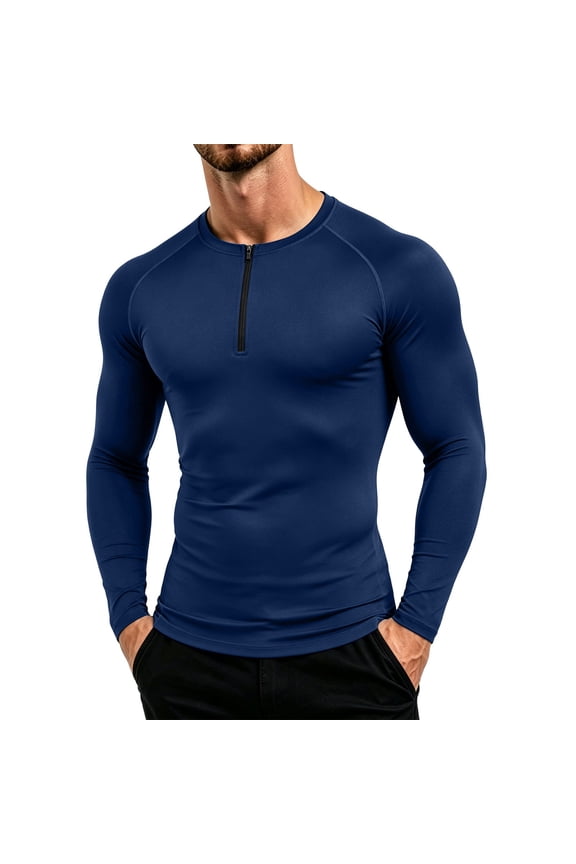 Mens Solid Half Zip Crew Neck Long Sleeve Compression Training Base Layer Top (Navy XXL) Father's Day Gift