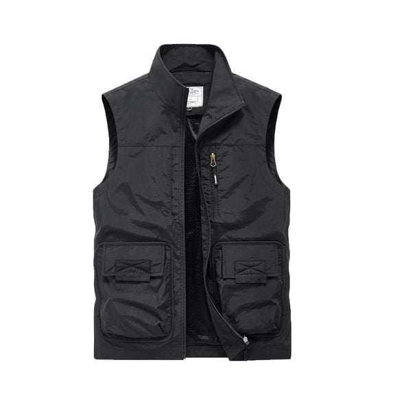 Ceisia Mens Stand Collar Multi Pocket Solid Cargo Vest Lightweight Windproof Outdoor Fishing Hiking Sleeveless Layering Jacket (Black XXL) Father's Day Gift