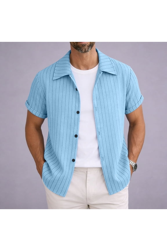 Mens Striped Short Sleeve Button Down Open Front Casual Loose Fit Resort Beach Shirts for Men Sky Blue XL Gifts for Father