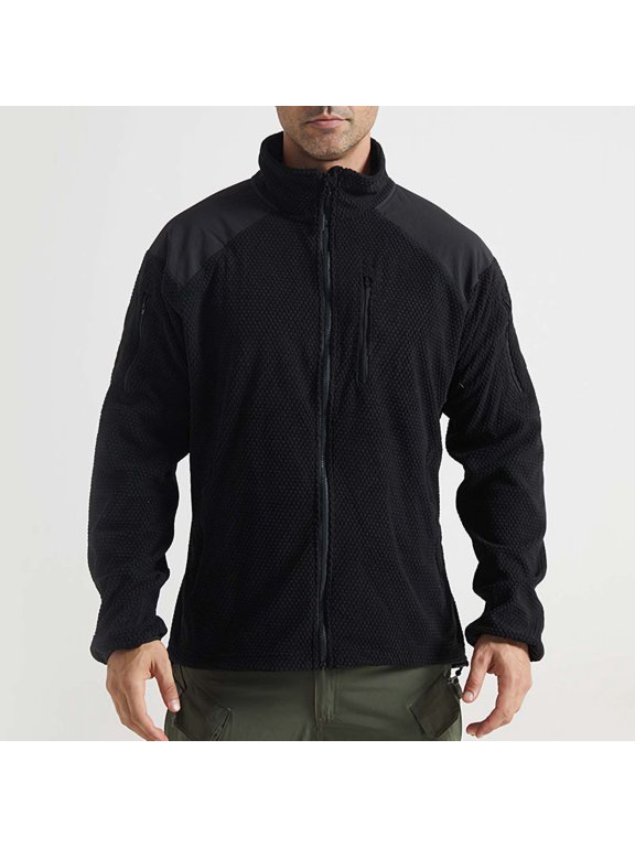 Mens Tactical Stand Collar Fleece Jacket Full Zip Grid Polar Fleece Outerwear Thermal Liner Coat For Outdoor Sports Hiking Black S Gift