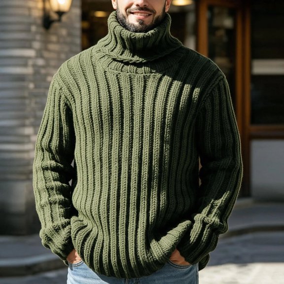 Ceisia Mens Thick Ribbed Turtleneck Knitted Sweater Long Sleeve Solid Color Warm Casual Pullover Top Army Green L Gift