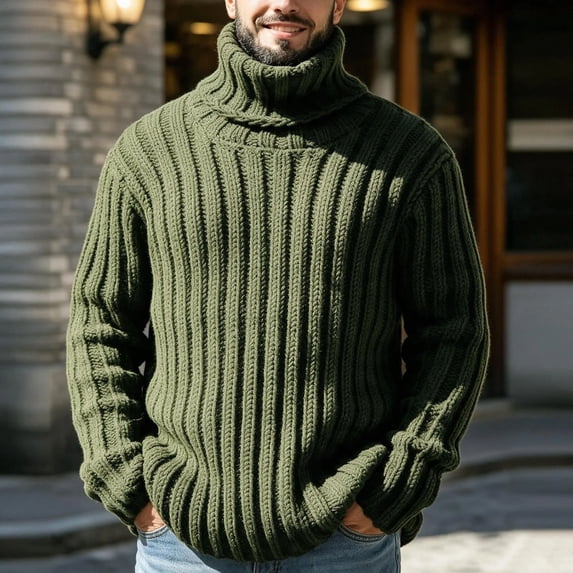 Ceisia Mens Thick Ribbed Turtleneck Knitted Sweater Long Sleeve Solid Color Warm Casual Pullover Top Army Green L Gift