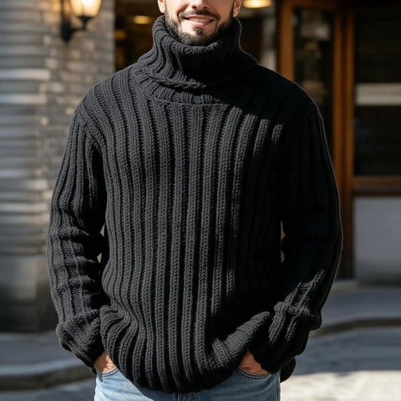 Ceisia Mens Thick Ribbed Turtleneck Knitted Sweater Long Sleeve Solid Color Warm Casual Pullover Top Black XL Gift