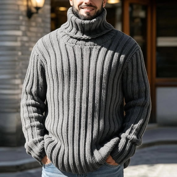 Ceisia Mens Thick Ribbed Turtleneck Knitted Sweater Long Sleeve Solid Color Warm Casual Pullover Top Gray XL Gift