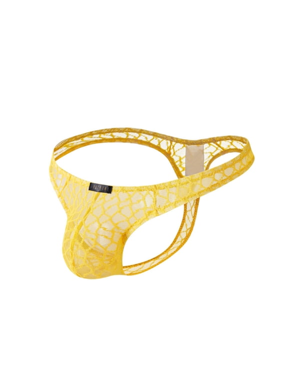 Mens Thong Underwear Low Waist Hollow Mesh Breathable Quick Dry Stretch Comfort Sexy G String 94%Polyester,6%Spandex L Yellow Halloween Gift