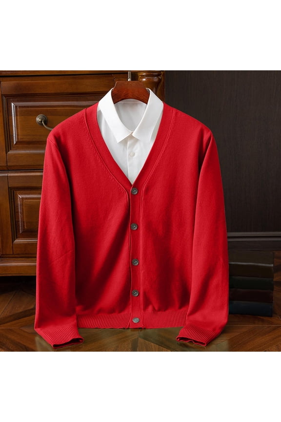 Mens V Neck Button Front Knit Cardigan Sweater Long Sleeve Solid Color Loose Fit Layering Casual Outerwear (Red XL) Father's Day Gift