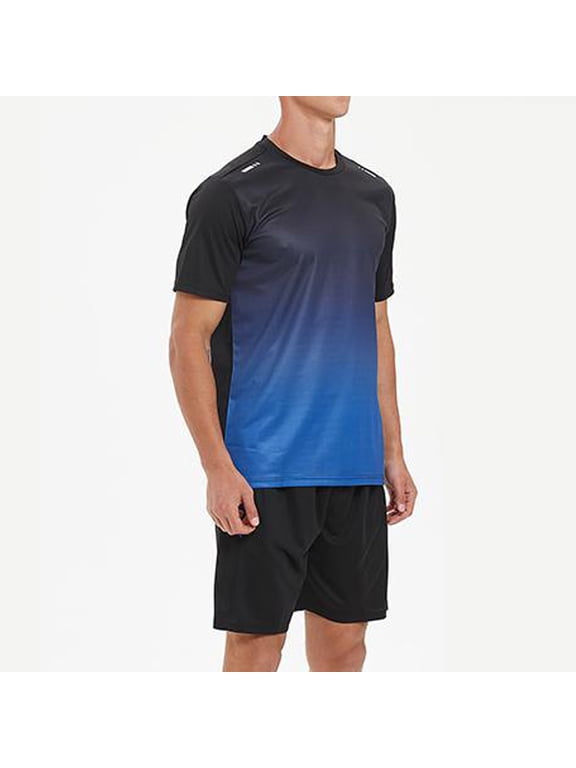 Ombre Gradient Crew Neck Tee And Elastic Waist Shorts Two Piece Athletic Set For Men Blue L Gift