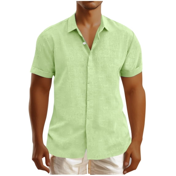 Ceisia Pure Linen Notch Lapel Button Down Short Sleeve Shirts Solid Casual Summer Mens Dress Shirts Green S Gift