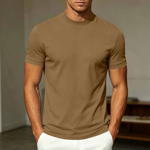 Ceisia Soft Stretch Mock Neck Mens Solid Tees Short Sleeve Basic Casual Tops Slim Fit Blouse For Indoor Outdoor Daily Fashion Matching Looks Beige XXL Gift