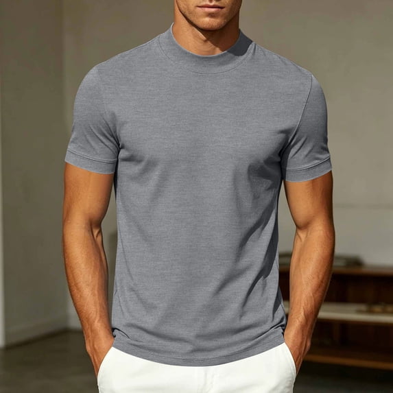 Ceisia Soft Stretch Mock Neck Mens Solid Tees Short Sleeve Basic Casual Tops Slim Fit Blouse For Indoor Outdoor Daily Fashion Matching Looks Gray L Gift