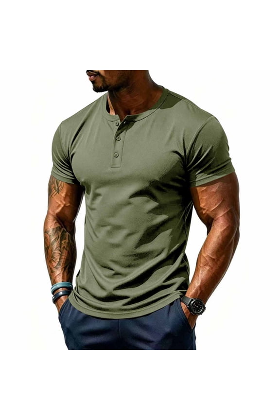 Solid Henley Half Button Crew Neck Quick Dry Breathable Athletic Short Sleeve Tees For Daily Sports Army Green XL Gift