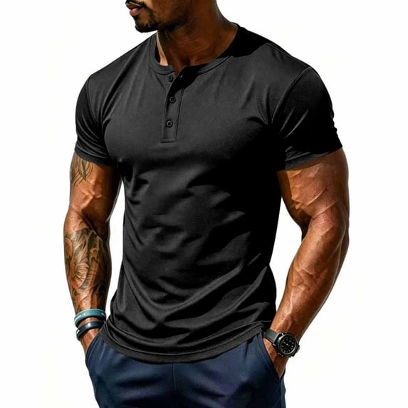 Ceisia Solid Henley Half Button Crew Neck Quick Dry Breathable Athletic Short Sleeve Tees For Daily Sports Black L Gift