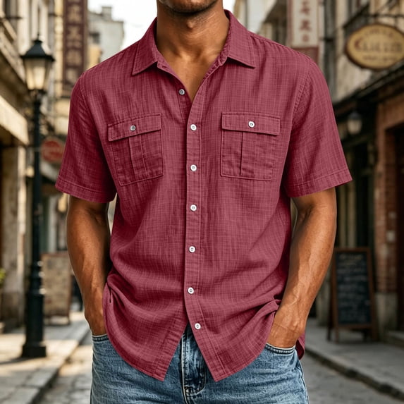 Ceisia Solid Linen Look Dual Chest Pocket Button Down Short Sleeve Shirts Vintage Casual Summer Mens Tops Wine XXL Gift