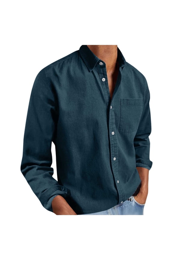 Solid Shirts for Men Flannel Casual Long Sleeve Button Up Loose Trendy Tops with Pocket Dark Blue XXL Gift