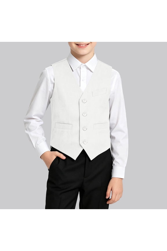 Solid V Neck Button Front Waistcoat Sleeveless Formal Vest Kids Preppy School Uniform Outerwear For Boys Aged 5-15 White 9 Years/10 Years Gift