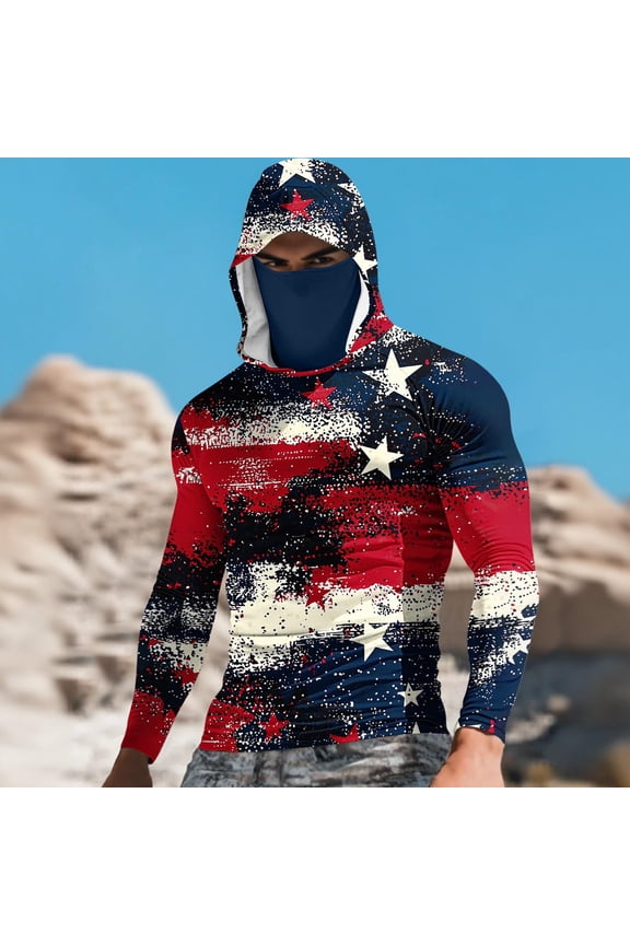 Splatter Flag Print Hooded Top Men's Slim Fit Long Sleeve UV Protective Face Mask Shirt Red L Gifts