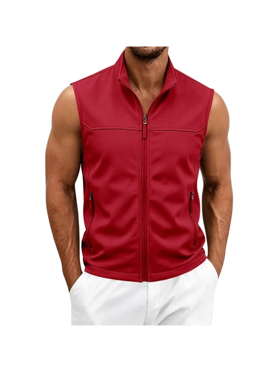 Stand Collar Full Zip Sleeveless Vest Multi Zipper Pockets Solid Lightweight Outdoor Cargo Waistcoat For Men Red XL Gift