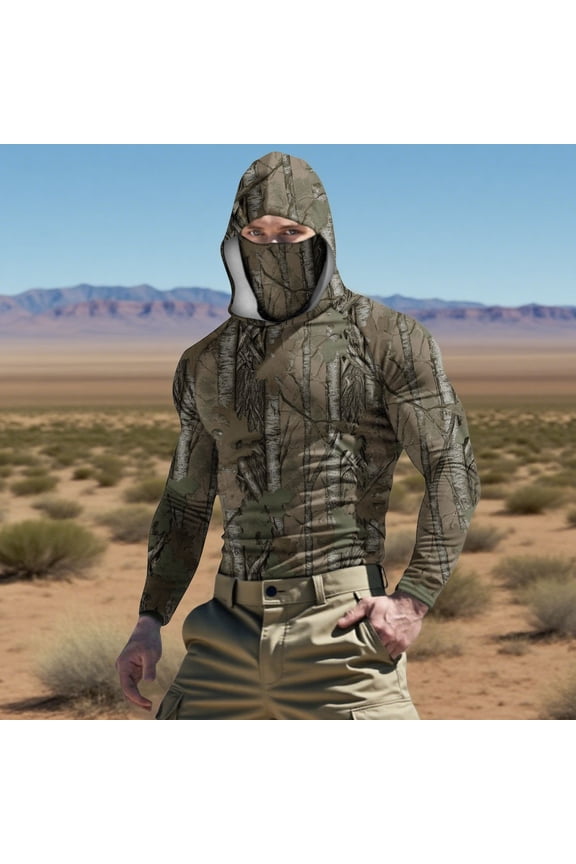 Sun Protection Hooded Shirt | UPF Camouflage Long-Sleeve | Unisex Fitted Face Mask Top for Outdoor Activities Gift