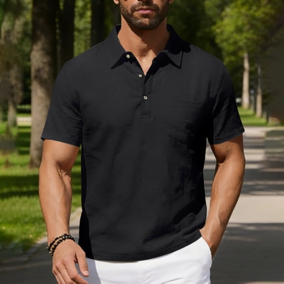 Ceisia Three Button Chest Pocket Lapel Collar Polo Shirts Casual Short Sleeve Summer Mens Tops Black L Gift