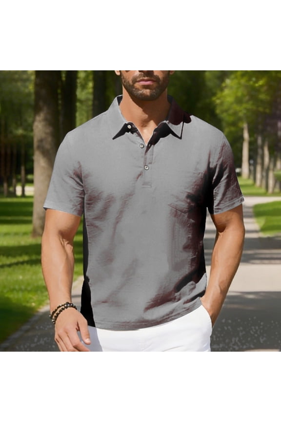 Three Button Chest Pocket Lapel Collar Polo Shirts Casual Short Sleeve Summer Mens Tops Gray XL Gift
