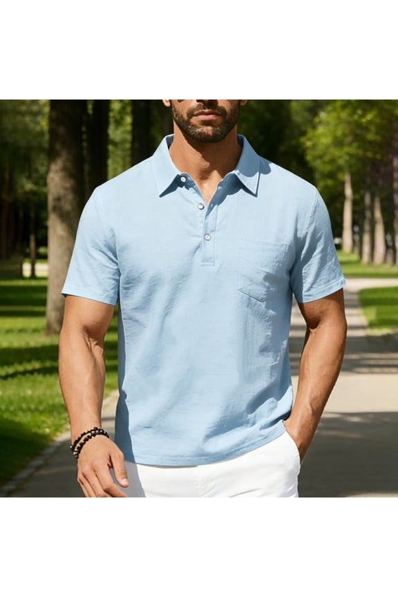 Three Button Chest Pocket Lapel Collar Polo Shirts Casual Short Sleeve Summer Mens Tops Light Blue XXL Gift