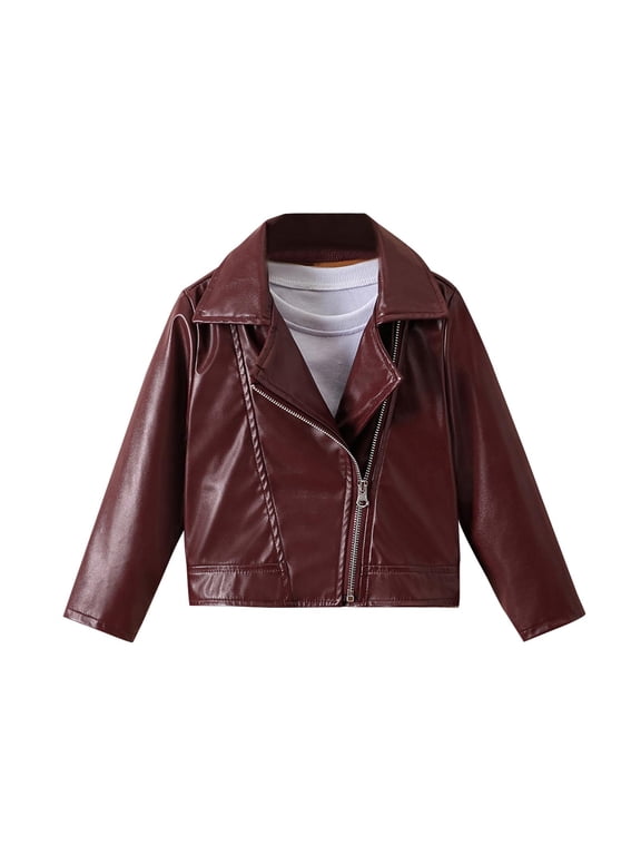 Toddler Kids Lapel Diagonal Zipper Faux Leather Motorcycle Jacket Boys Girls Long Sleeve PU Biker Outerwear Coat Multiple Colors (Hot Pink 140) Gift
