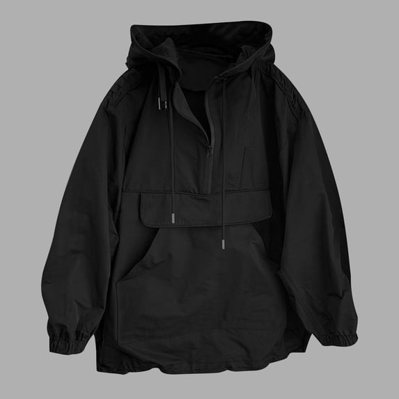 Ceisia Unisex Half Zip Hooded Windbreaker Oversized Big Pocket Drawstring Hem Loose Casual Pullover Jacket (Black M) Gift